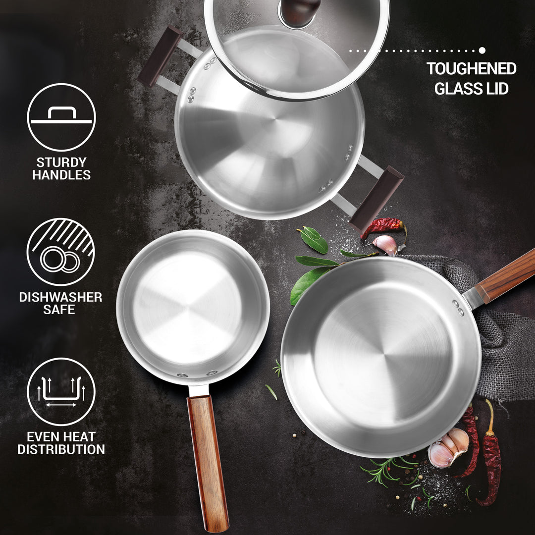 Triply 4Pc Set Sauce Pan/Frying Pan/Kadhai W Gls Lid Wooden Handle (Milton Procook)