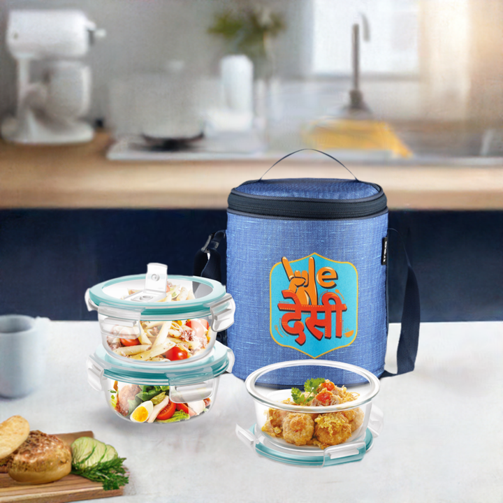 "We Desi" - Glass Tiffin with Printed Jacket