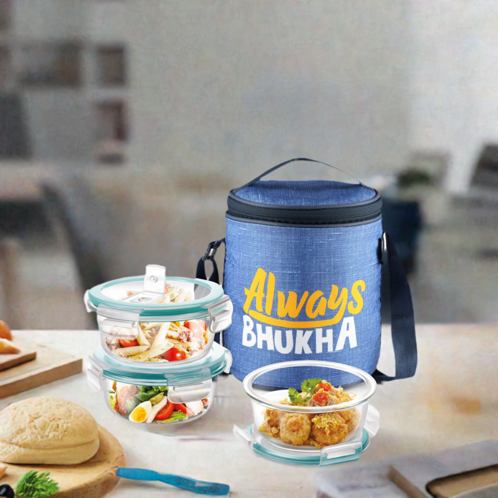 "Always Bhukha" - Glass Tiffin with Printed Jacket (Milton)